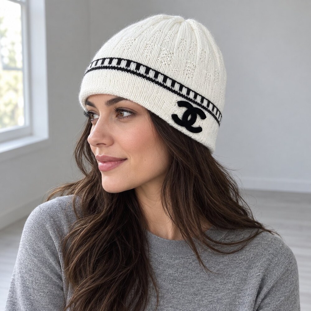 CHANEL White Striped Knit Beanie - Picture 3 of 6